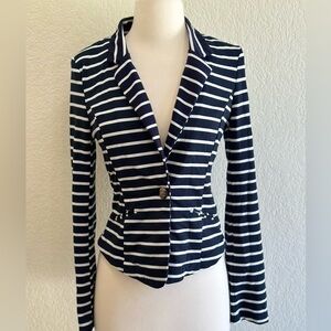 Poetry Women's Navy Blue White Striped Fitted Blazer Jacket Size Large